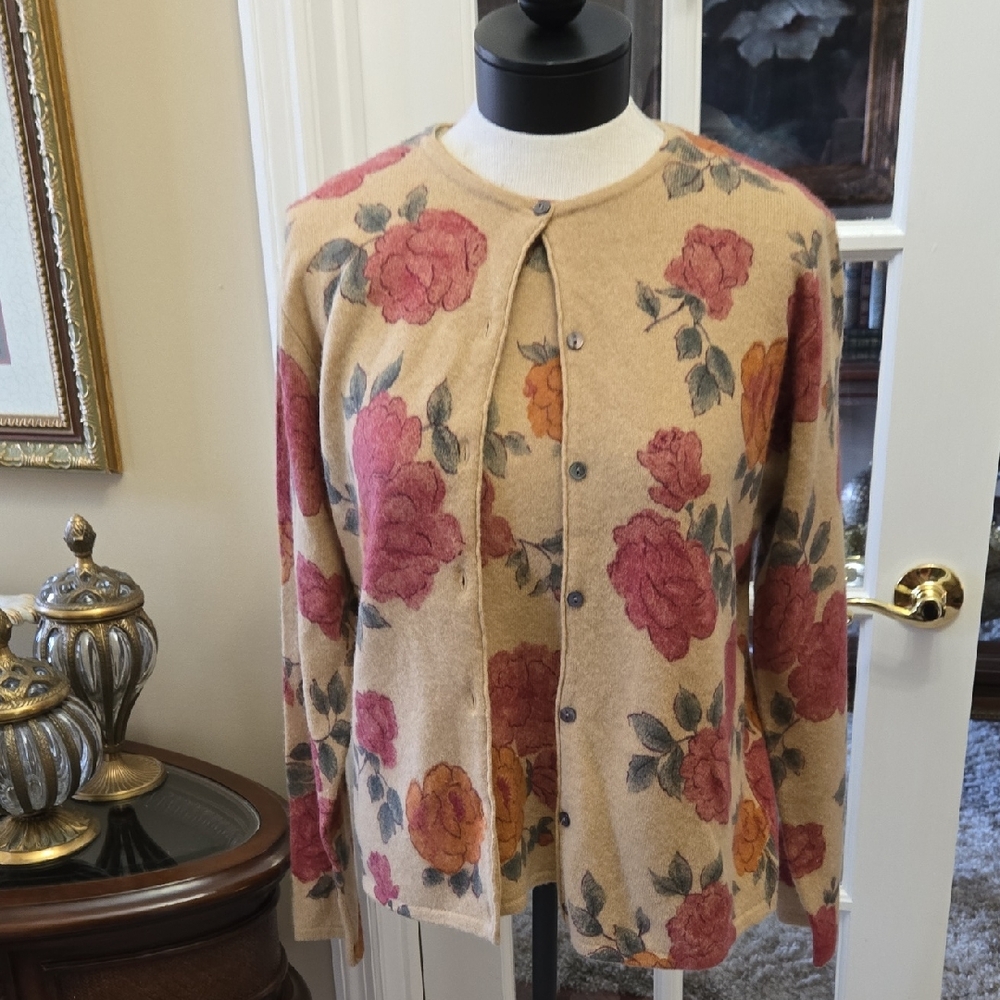 Sarah Spencer Tan Floral 2pc Cardigan Sweater Set Rose Green Lambswool Angora M